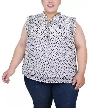 Блузка больших размеров с оборками на рукавах и завязкой на завязках NY Collection, мульти