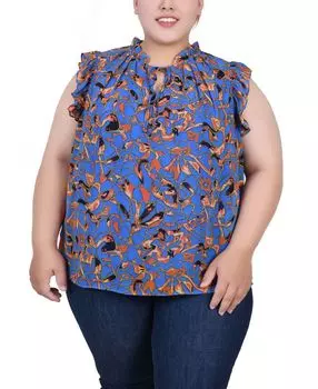 Блузка больших размеров с оборками на рукавах и завязкой на завязках NY Collection, мульти