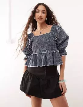 Блузка COLLUSION с очень объемными рукавами-фонариками и контрастными завязками в клетку