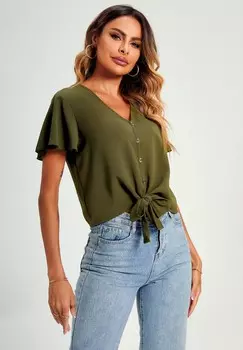 Блузка Cute Tie Knot Front Buttoned Short Sleeve Crop FS Collection, хаки