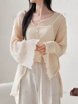 Блузка Dazy-Less с волнистыми краями и расклешенными рукавами. передние кнопки Dazy, абрикосовый