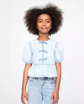 Блузка для девочки с круглым вырезом и короткими рукавами-фонариками Gap, голубой