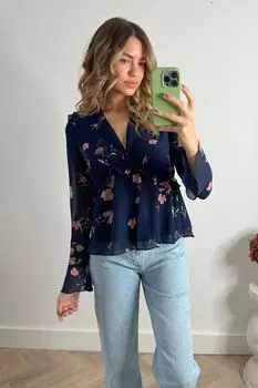 Блузка Edith с рюшами и завязкой сзади Style Cheat, синий