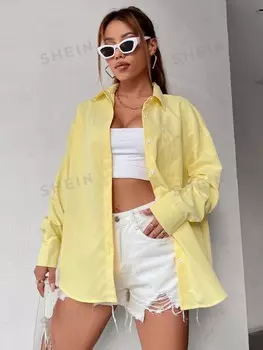 Блузка EZwear с воротником, передними карманами, оверсайз Shein, желтый
