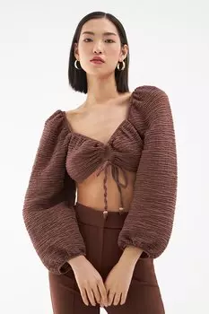 Блузка Gype с завязками спереди Коричневая QUZU