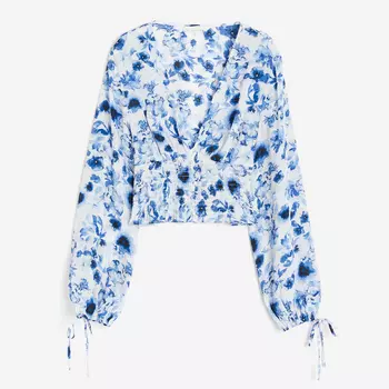 Блузка H&M Short V-neck, белый/синий