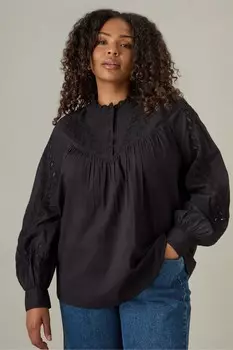 Блузка из 100% хлопка с изогнутым вырезом и деталью работы Live Unlimited, черный