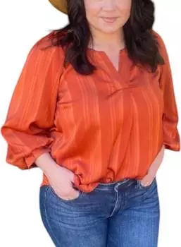 Блузка из атласа в полоску с рукавами-фонариками оранжевого цвета umgee