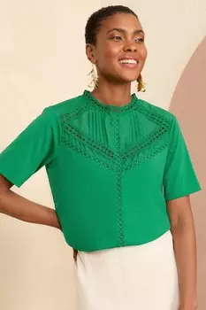 Блузка из джерси с высоким воротником и кружевной отделкой Love & Roses, зеленый