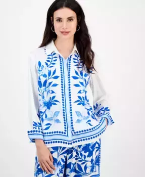 Блузка из хлопка с цветочным принтом, Petite I.N.C. International Concepts, синий