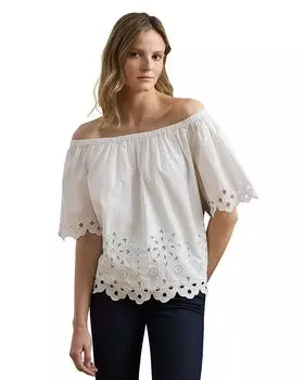 Блузка из хлопка с открытыми плечами и ажурными вставками Ralph Lauren, белый