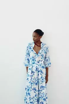 Блузка из хлопка с принтом ZARA, синий/белый