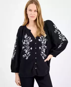 Блузка из хлопка с текстурой и цветочной вышивкой Petite Style & Co, черный