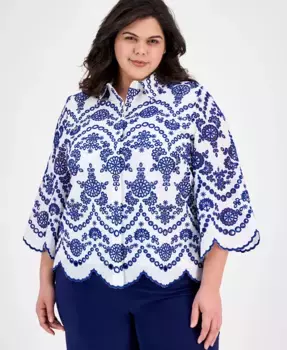 Блузка из хлопка с вышивкой и ажурными вставками Plus Size Anne Klein, белый