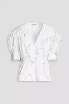 Блузка из хлопкового поплина с цветочным принтом и сборками GANNI, белый