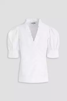Блузка из хлопкового поплина с оборками и запахом GANNI, белый