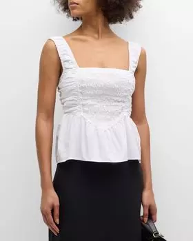 Блузка из хлопкового поплина со сборками Ganni, цвет Bright White