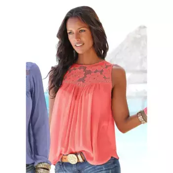 Блузка из крепа Buffalo, с кружевной вставкой, верх блузки, стиль бохо, коралловый