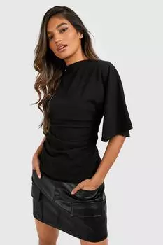 Блузка из крепа из джерси с высоким воротником и расклешенными рукавами boohoo, черный