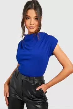 Блузка из крепа с воротником-хомутом и подплечниками boohoo, синий