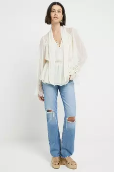 Блузка из кружевного микса с бантом River Island, бежевый