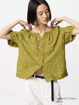 Блузка из льняной смеси, объемная (короткий рукав, принт) Uniqlo, желтый