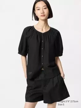 Блузка из льняной смеси, объемная (короткий рукав) Uniqlo, черный