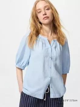 Блузка из льняной смеси, объемная (короткий рукав) Uniqlo, синий