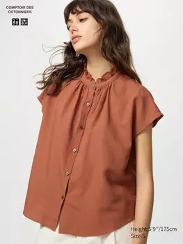 Блузка из льняной смеси с воланами (короткий рукав) Uniqlo, оранжевый