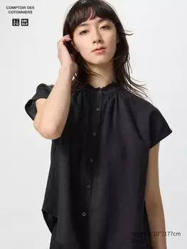 Блузка из льняной смеси с воланами (короткий рукав) Uniqlo, черный
