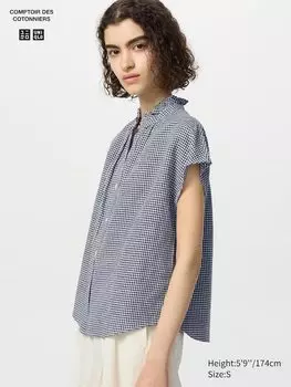 Блузка из льняной смеси с воланами (в клетку, короткий рукав) Uniqlo, черный