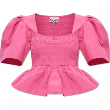 Блузка из органического хлопка с баской на талии GANNI, фуксия