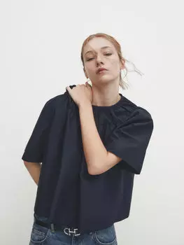 Блузка из поплин со собранной деталией Massimo Dutti, темно-синий