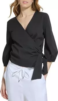 Блузка из поплина с длинными рукавами и V-образным вырезом DKNY, черный