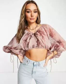 Блузка из пышной вуали со сборками и розово-фиолетовым цветочным принтом ASOS DESIGN