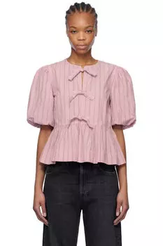 Блузка из розового хлопкового поплина с завязками-баской GANNI