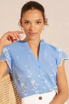 Блузка из шамбре с вышивкой струящимися рукавами и рюшей на вырезе Love & Roses, синий