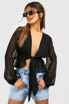 Блузка из шифона добби с завязкой передней части Boohoo, черный