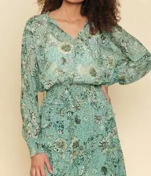 Блузка из шифона в деревенском стиле с присборенным низом в зеленом миксе mystree