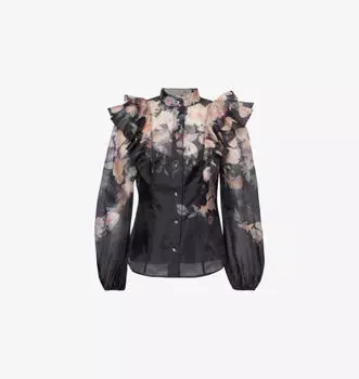 Блузка из смеси льна и шелка с отделкой воланами Zimmermann, черный