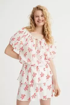 Блузка из смесового льна H&amp;M, белый/маленькие цветы