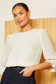 Блузка из ткани «добби» с рукавами 3/4 и круглым вырезом Love & Roses, белый