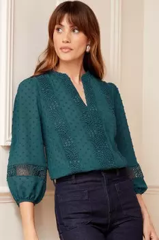 Блузка из ткани добби с рюшей по горловине и завязывающимися манжетами 3/4 Love & Roses, зеленый