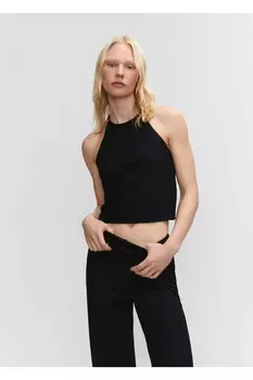 Блузка из трикотажа с воротником-халтер Mango, черный