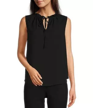 Блузка из тюля без рукавов Anne Klein из однотонного крепдешина с оборками и завязываемым воротником, черный