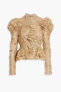 Блузка из тюля с оборками и блестками в горошек ZIMMERMANN, бежевый