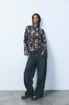 Блузка из тюля с принтом ZARA, чёрный/песочный