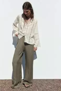 Блузка из жаккарда с кружевной отделкой ZARA, естественный