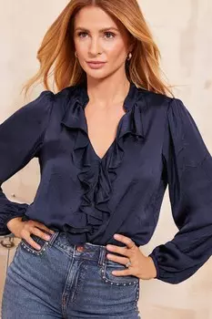 Блузка из жатого атласа с длинными рукавами и оборкой спереди Friends Like These, синий