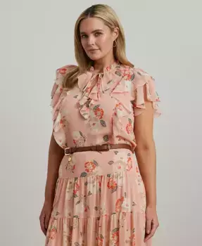 Блузка из жоржета с цветочным принтом и рюшами, plus size Lauren Ralph Lauren, розовый
